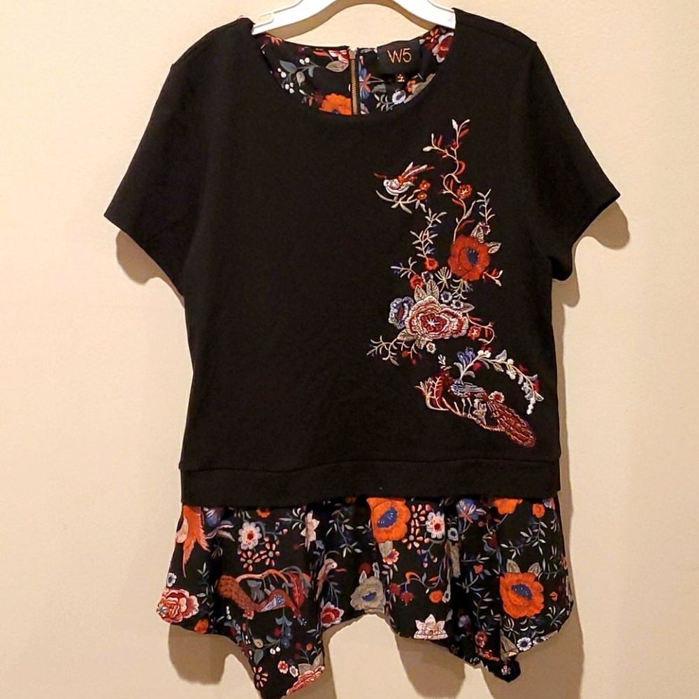 Anthropologie Black Top with Orange & Floral Embroidery